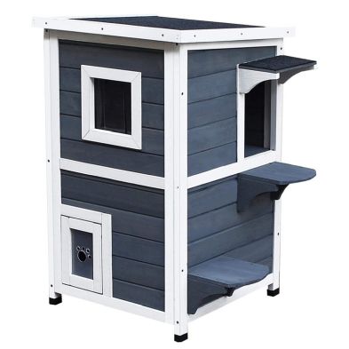 See more information about the PawHut Wooden Cat House 2-Floor Outdoor Kitten Shelter with Window Grey