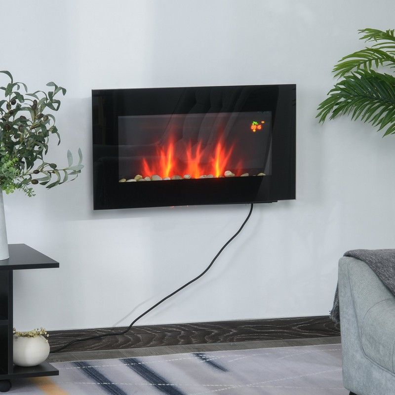 Homcom 1000With2000W Wall Mounted Tempered Glass Electric Fireplace Heater-Black