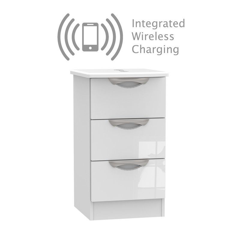 Weybourne Wireless Charger Slim Bedside Table White 3 Drawers