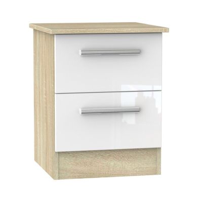 Buxton 2 Drawer Bedroom Bedside Cabinet White Gloss & Brown
