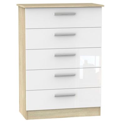 Buxton 5 Drawer Bedroom Chest White Gloss & Brown