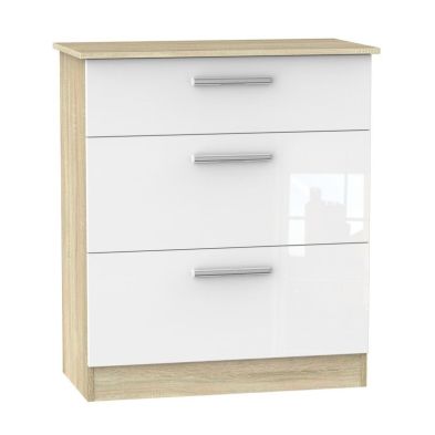 Buxton 3 Drawer Deep Bedroom Chest White Gloss & Brown