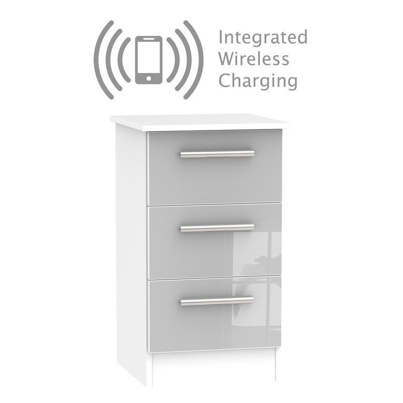 Buxton 3 Drawer Wireless Charging Bedside Cabinet Grey & White