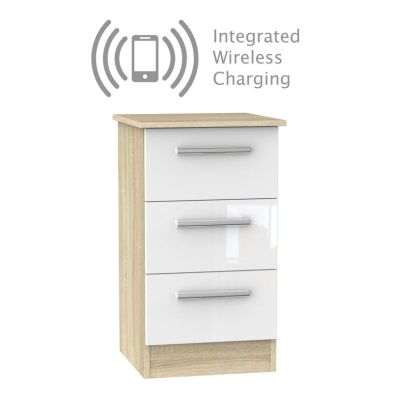 Buxton 3 Drawer Wireless Charging Bedside Cabinet White & Brown