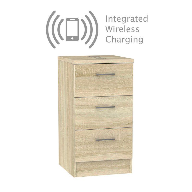 Elmsett 3 Drawer Wireless Charging Bedside Cabinet Light Brown