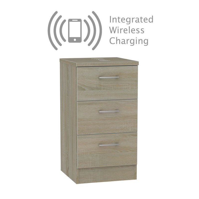 Elmsett 3 Drawer Wireless Charging Bedroom Bedside Cabinet Brown