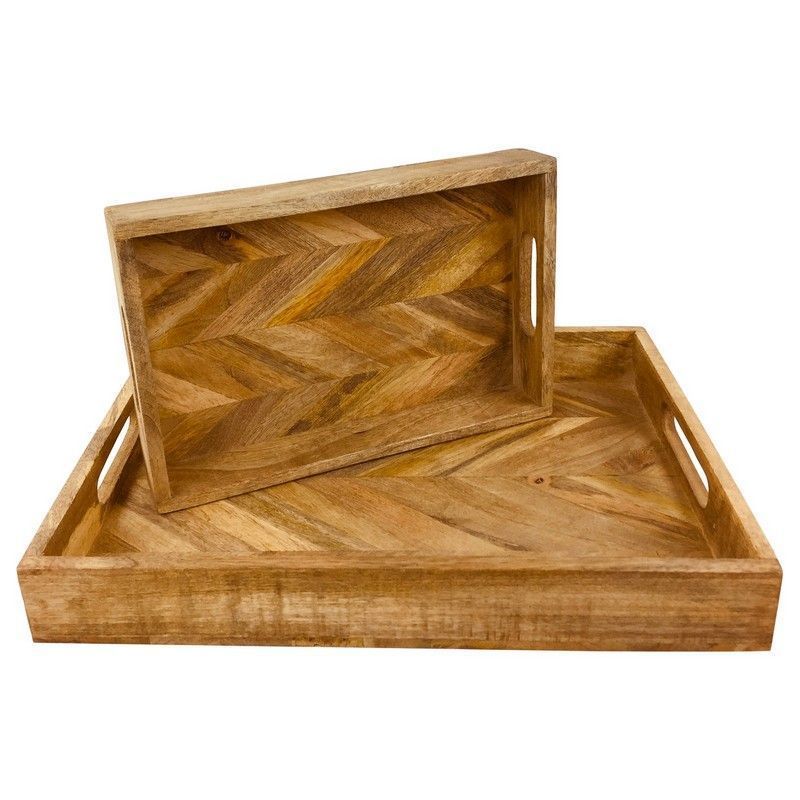 2x Tray Wood with Herringbone Pattern