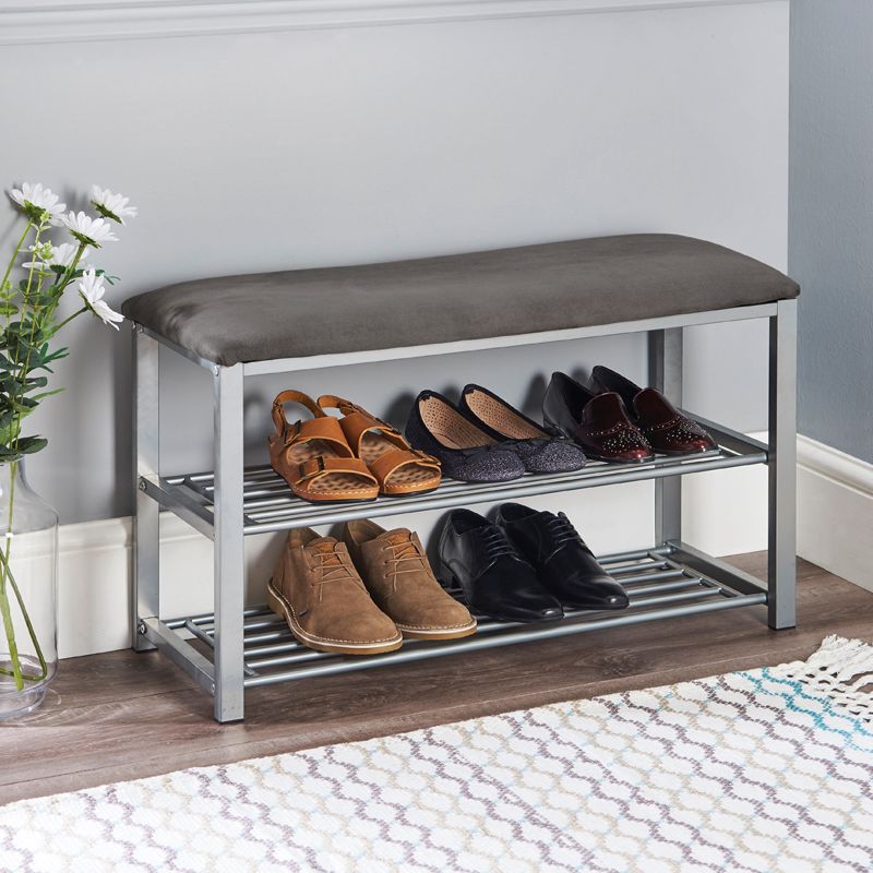 Small Bedroom Shoe Rack 3 & 5 Tier Storage Bench Black With Silver Shelves 49cm 