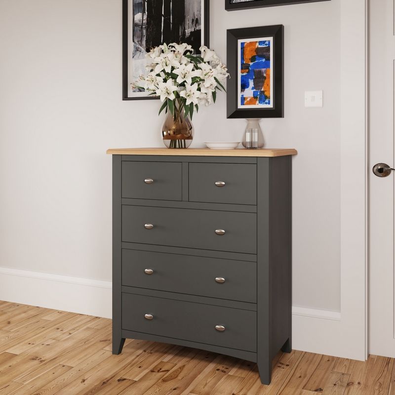 Portchester Light Oak & Grey 5 Drawer Chest Of Drawers