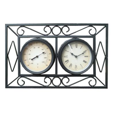 Wensum Ornate Metal Wall Mount Garden Wall Clock & Thermometer - Black