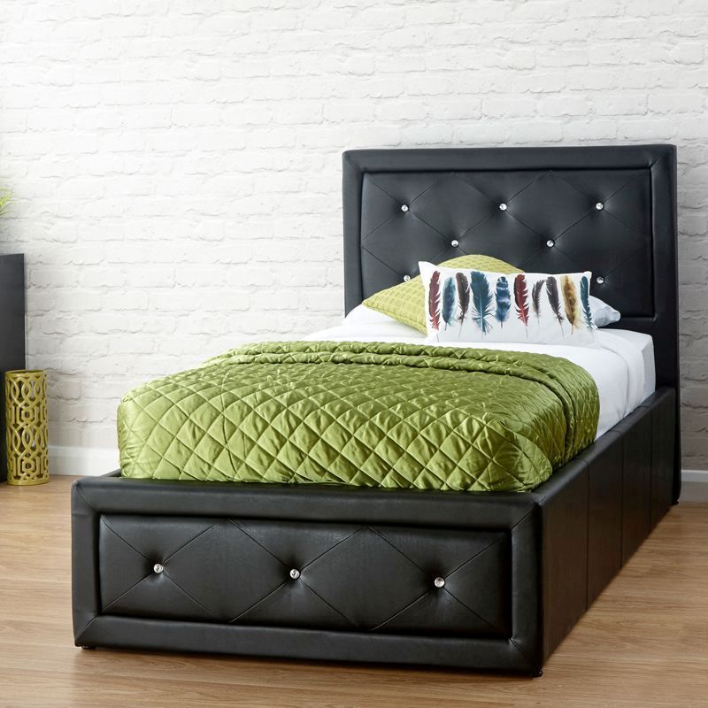 Single Ottoman Bed Black Faux Leather, Black Faux Leather Ottoman Bed
