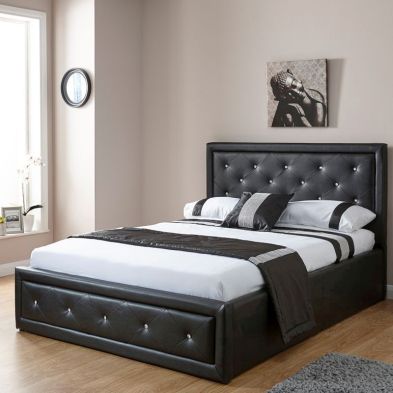 Hollywood King Size Ottoman Bed Black Faux Leather