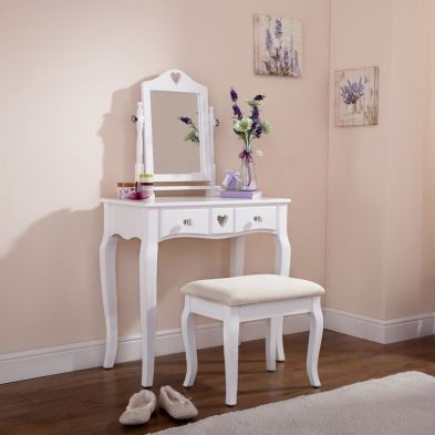Heart Barnaby Dressing Table White & Pine 2 Drawer With Stool