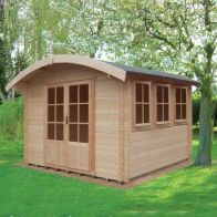 See more information about the Shire Kilburn 9' 9" x 11' 9" Curved Log Cabin - Premium 28mm Cladding Tongue & Groove