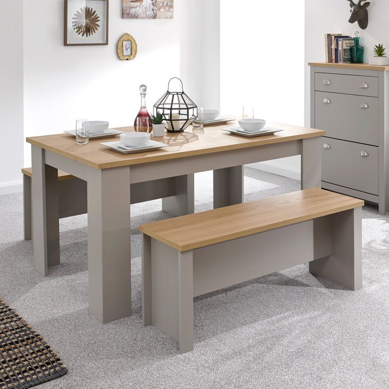 Lancaster 4/6 Seater Dining Set Grey & Oak With 2 Benches