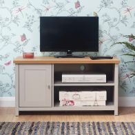 See more information about the Lancaster TV Unit Grey & Oak 1 Door 2 Shelf Small
