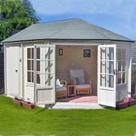 See more information about the Shire Leygrove 14' x 10' Hexagonal Hip Log Cabin - Premium 28mm Cladding Tongue & Groove