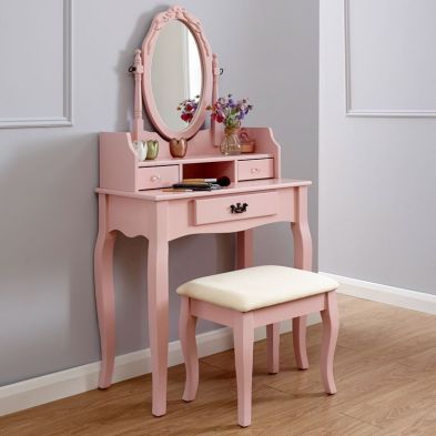 Lumberton Dressing Table Pink & Pine 3 Drawer With Stool