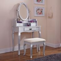 See more information about the Lumberton Dressing Table Silver & Pine 3 Drawer With Stool