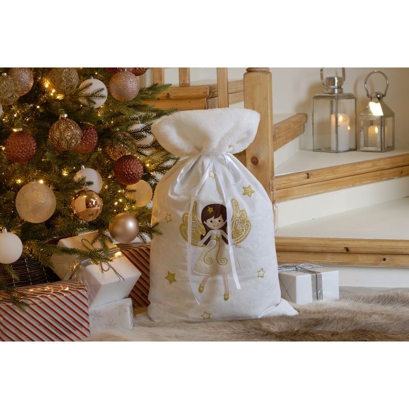Christmas Sack White & Gold with Angel Pattern - 70cm 