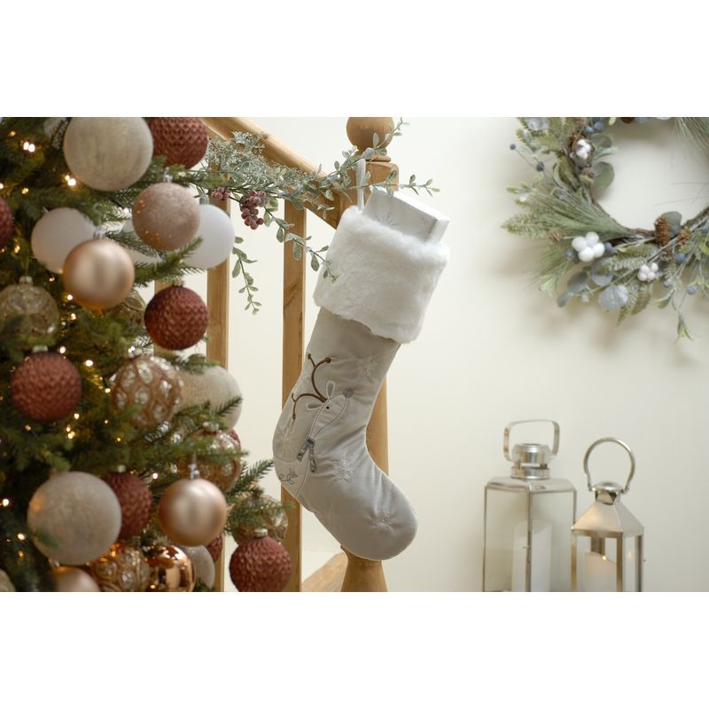 Stocking Christmas Decoration Cream & White with Reindeer Pattern - 51cm 