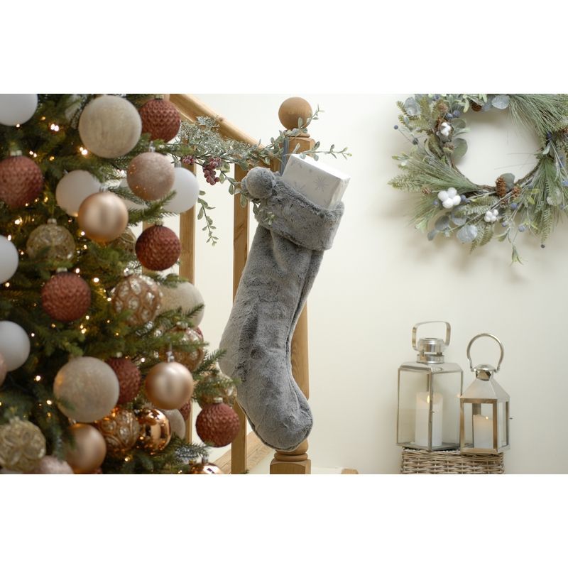 Stocking Christmas Decoration Grey with Pom Pom Pattern - 56cm 
