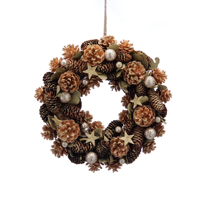 Wreath Christmas Decoration Green & Orange with Pinecones & Berries Pattern - 36cm 