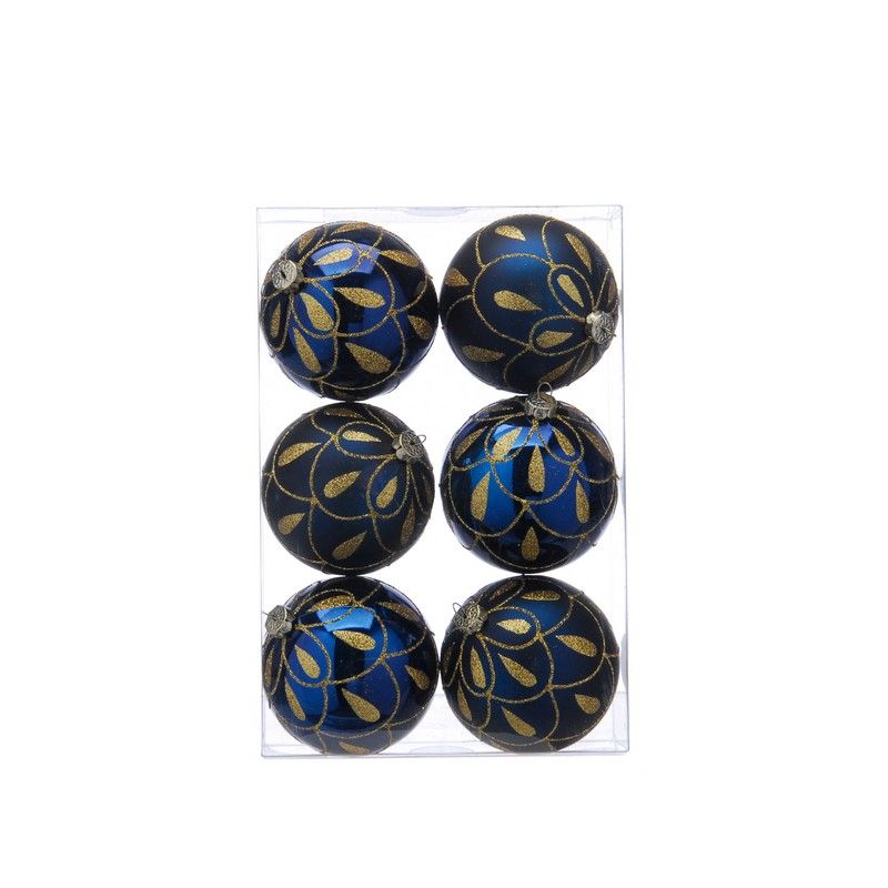 6 x Christmas Tree Baubles Decoration Blue & Gold with Glitter Pattern - 8cm 