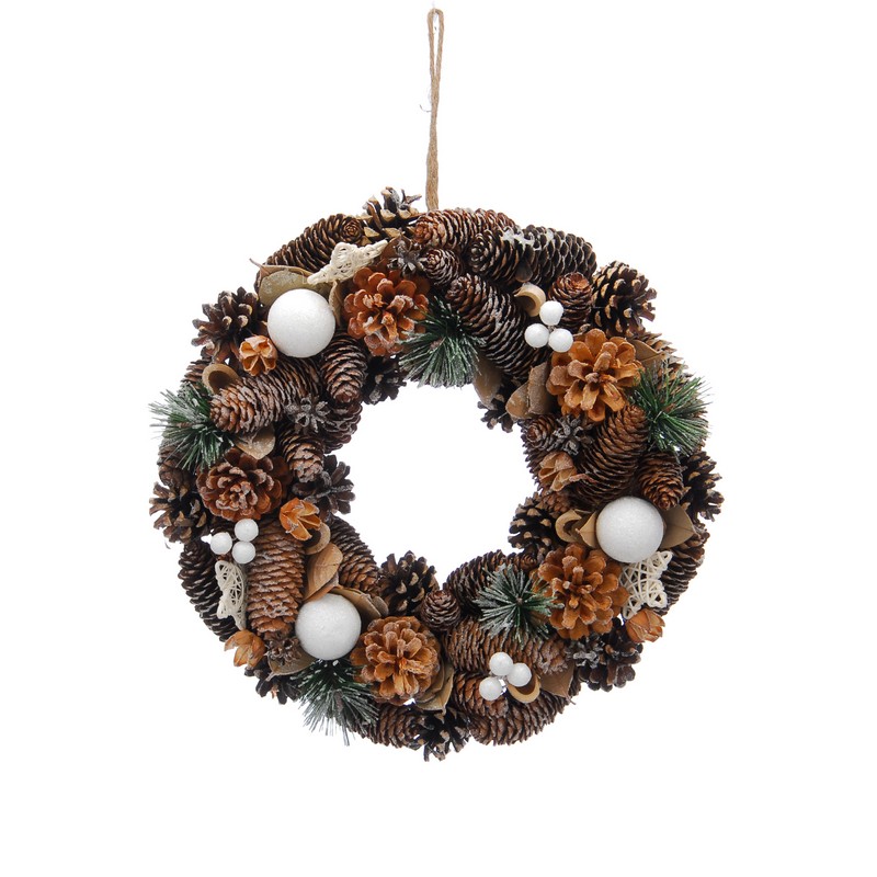 Wreath Christmas Decoration Green & White with Pinecones & Berries Pattern - 36cm 
