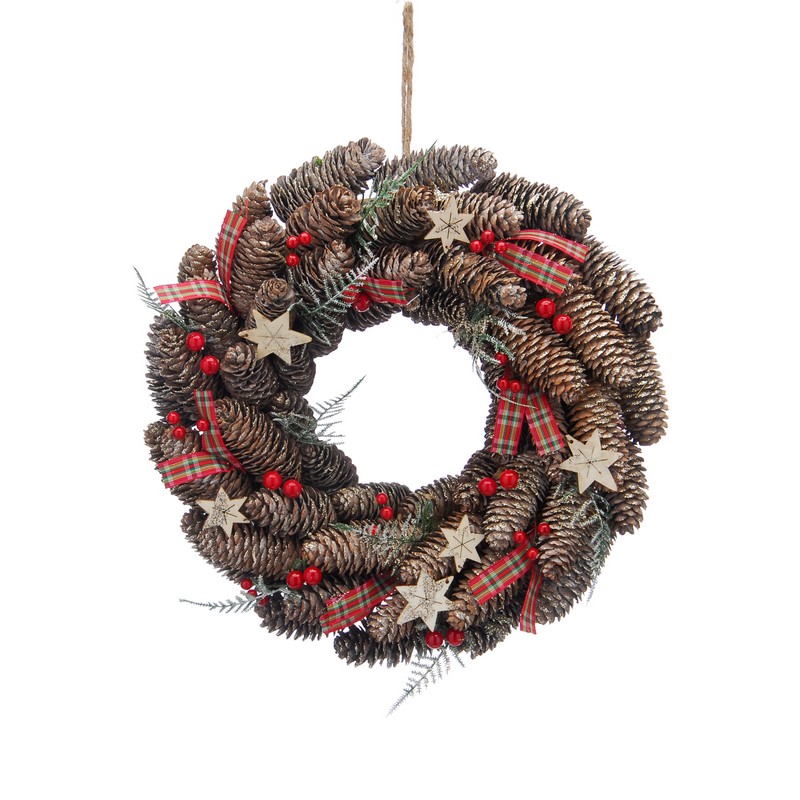 Wreath Christmas Decoration Green & Brown with Tartan Pattern - 36cm 