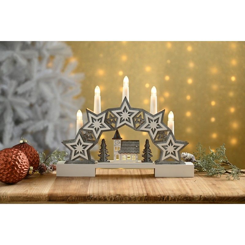 LED Christmas Star And Village Candle Bridge - 32cm