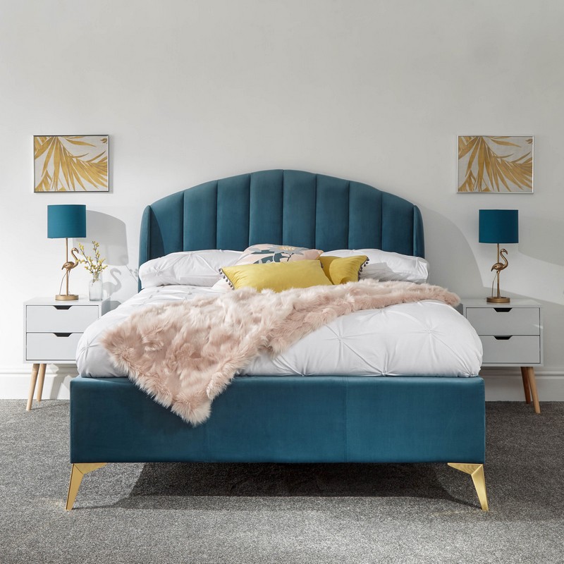 Pettine Double Ottoman Bed Wood & Fabric Light Blue 5 x 7ft