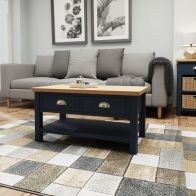See more information about the Westbridge Light Oak & Blue 2 Drawer Coffee Table