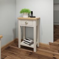 See more information about the Westbridge Tall Side Table Oak Grey 1 Shelf 1 Drawer