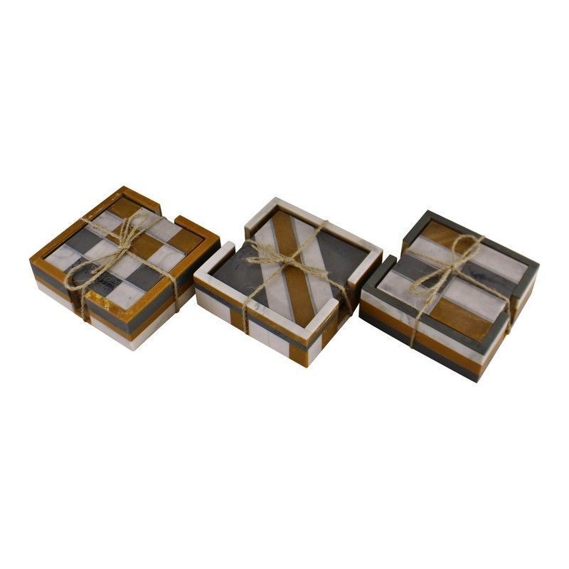 4x Coaster Polyresin Gold & White with Chequred Pattern - 12cm
