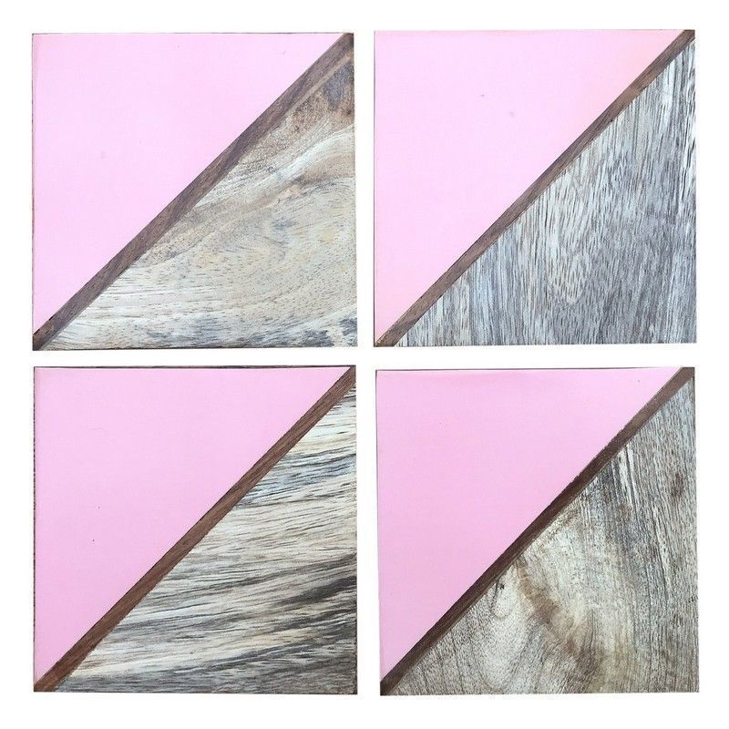 4x Coaster Polyresin & Wood Pink with Geometric Pattern - 10cm