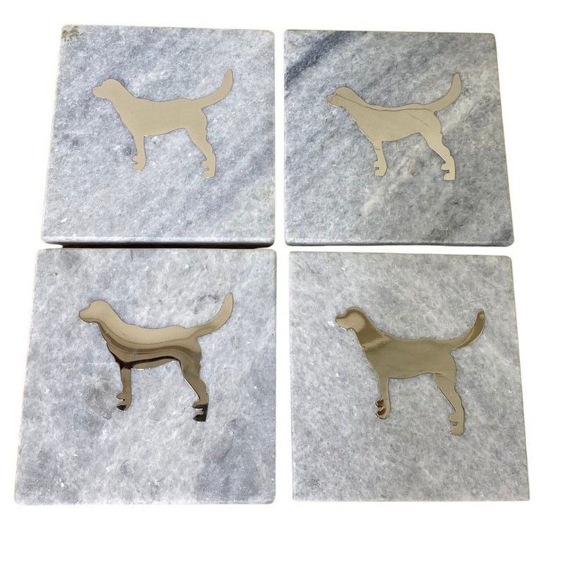 4x Coaster Marble Gold & White with Dog Pattern - 10cm