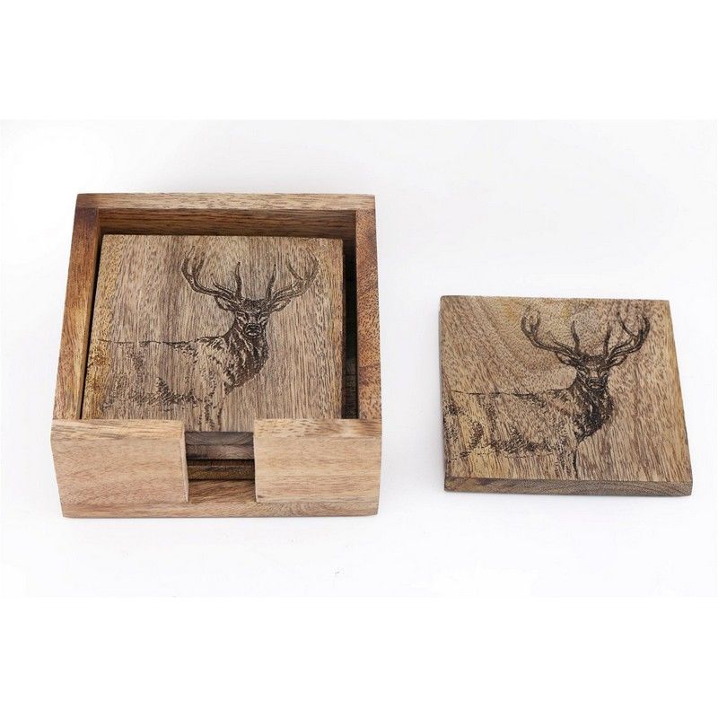 4x Stag Coaster Wood with Engraved Pattern - 10cm