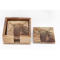 See more information about the 4x Cow Coaster Wood with Engraved Pattern - 10cm