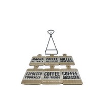 See more information about the 6x Coaster Metal & Wood with Coffee Slogans Pattern - 13cm