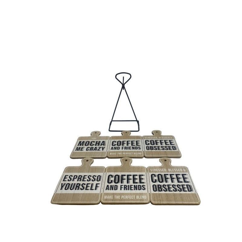 6x Coaster Metal & Wood with Coffee Slogans Pattern - 13cm