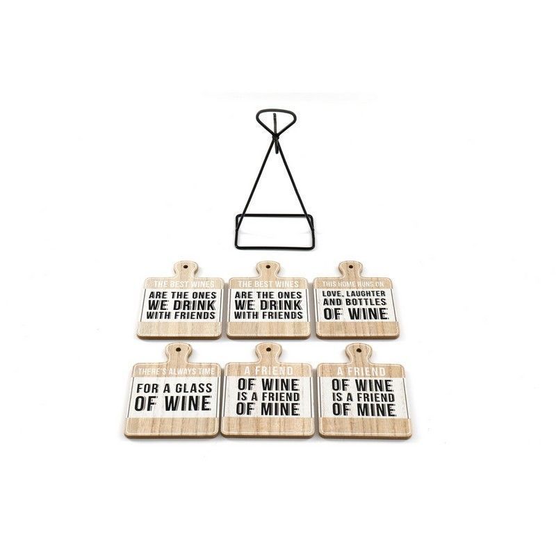 6x Coaster Metal & Wood with Wine Slogans Pattern - 13cm