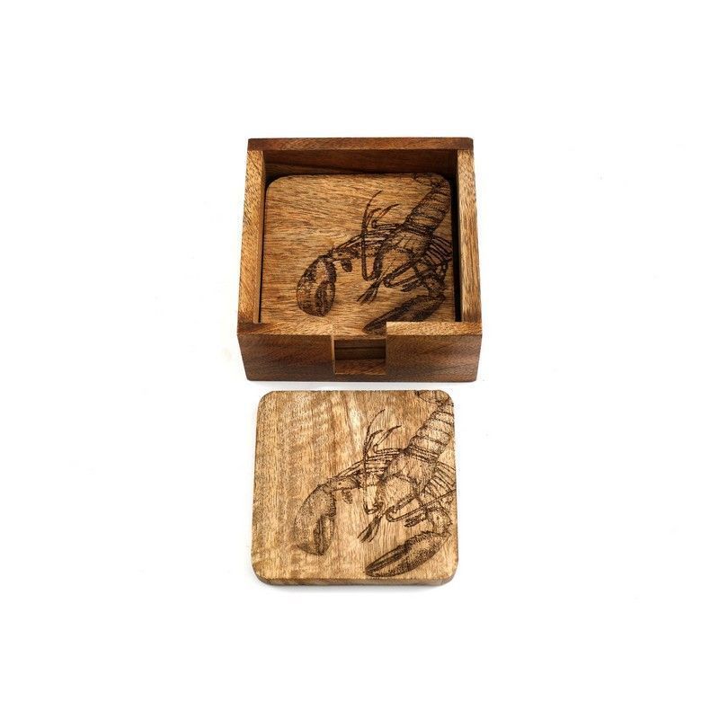 4x Lobster Coaster Wood with Engraved Pattern - 10cm