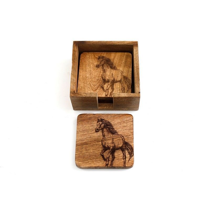 4x Horse Coaster Wood with Engraved Pattern - 10cm