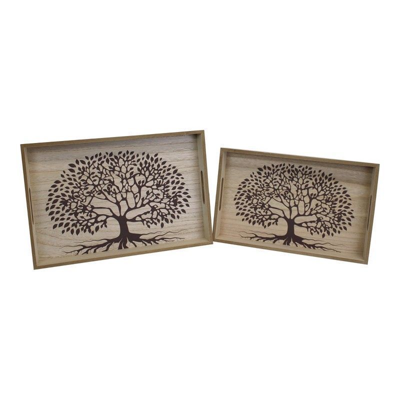 2x Tray Wood with Tree Pattern