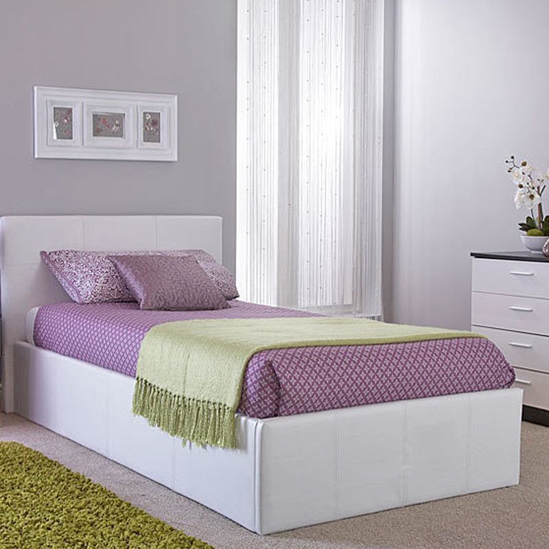 Single Ottoman Bed White Faux Leather, White Faux Leather Ottoman Bed