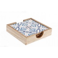 See more information about the 4x Coaster Wood Blue & White with Ornate Pattern - 10cm