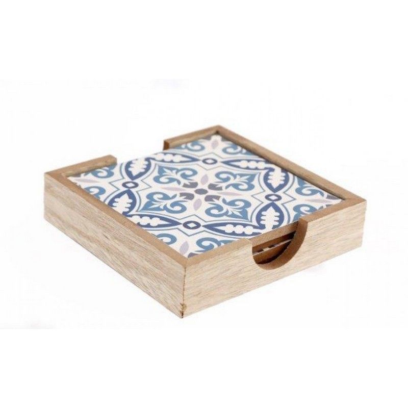 4x Coaster Wood Blue & White with Ornate Pattern - 10cm