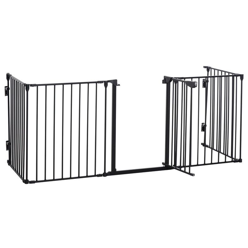 PawHut Pet Safety Gate 5-Panel Playpen Fireplace Christmas Tree Metal Fence Stair Barrier Room Divider with Walk Through Door Automatically Close Lock Black
