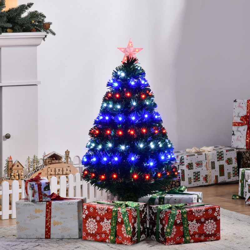 3ft Fibre Optic Christmas Tree Artificial - Dark Green with LED Lights Blue & Red